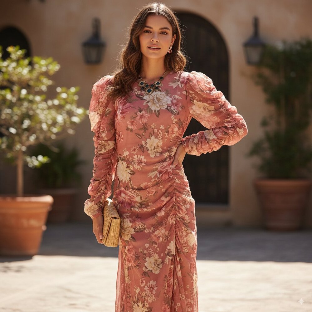 NWT En Saison Ruched Floral Midi Dress in Pink Floral